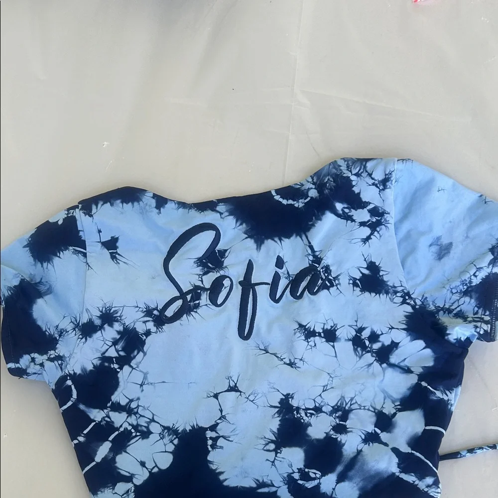 Frankie's Bikinis Light Blue and Navy Tie-Dye Crop Bikini Set